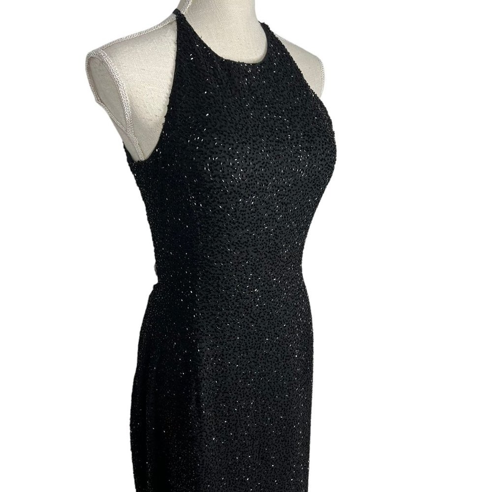 Vintage 90s Black Beaded High Neck Sleeveless Halter Open Back Full Length Dress - Picture 2 of 13